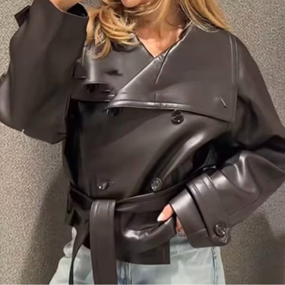 Women's Oversized Cropped Faux Leather Moto Biker Jacket