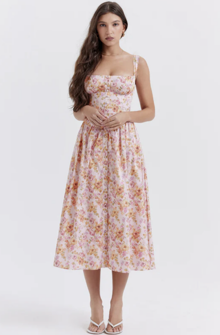 Floral Midi Dress - Bustier Corset Sweetheart