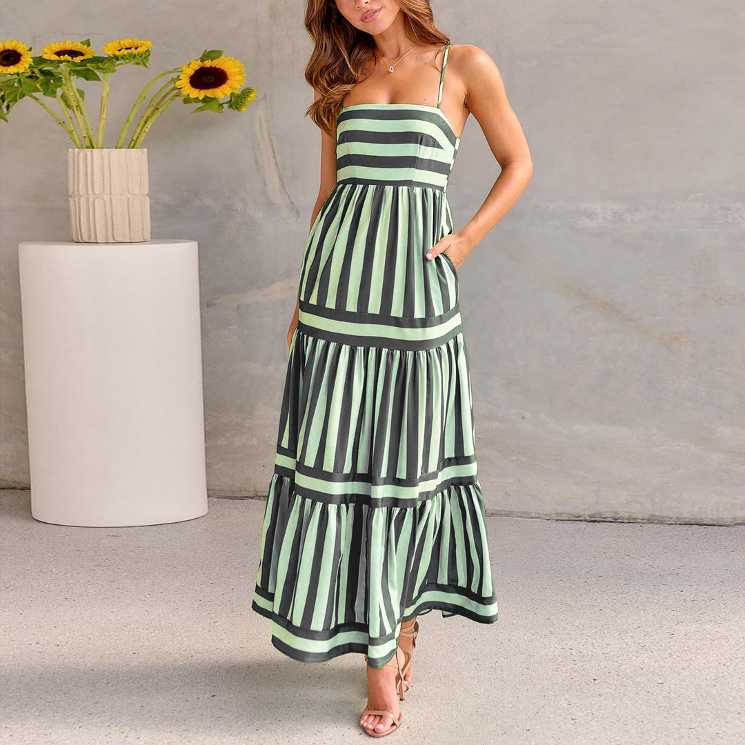 Striped Maxi Dress - Square Neck Tiered Cami
