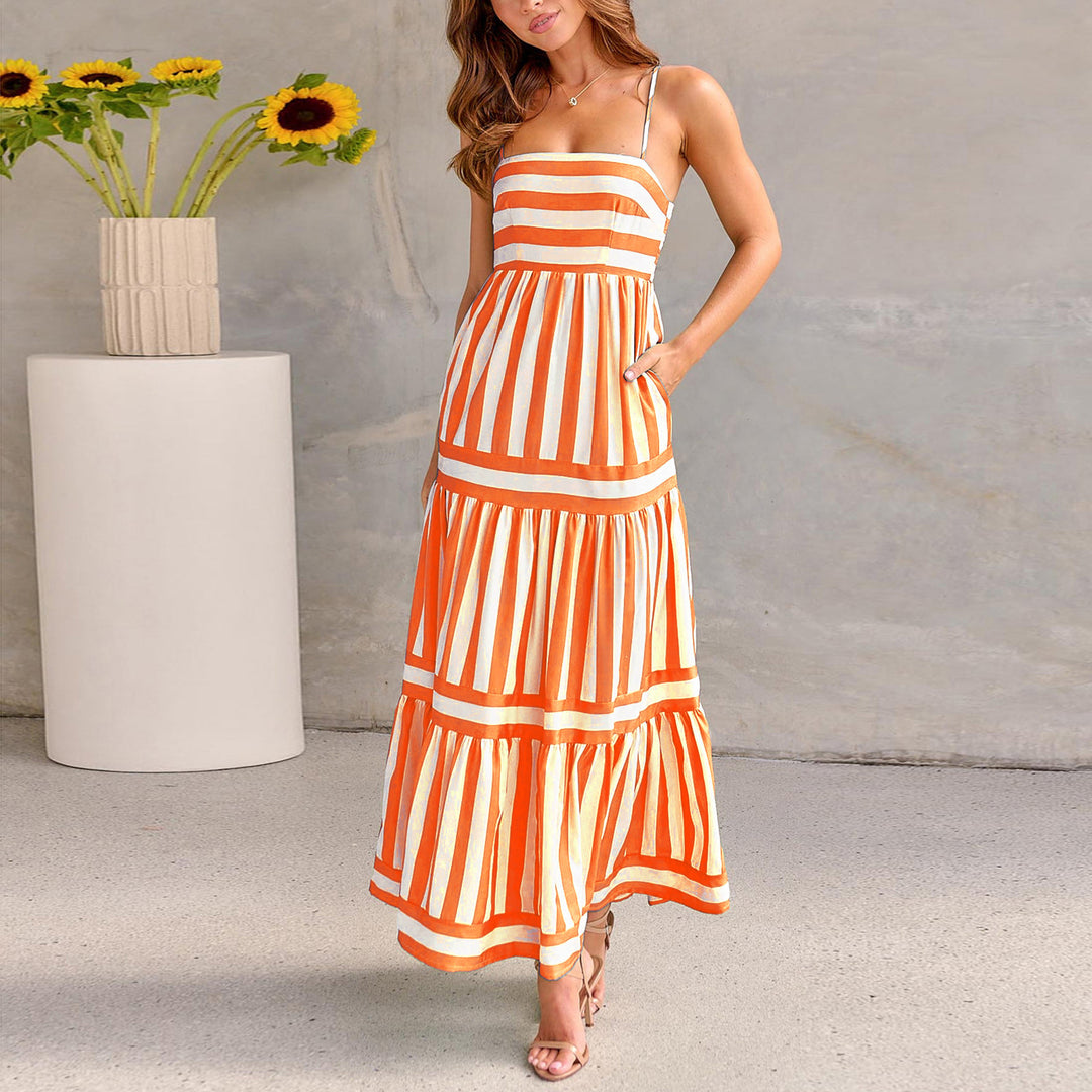 Striped Maxi Dress - Square Neck Tiered Cami