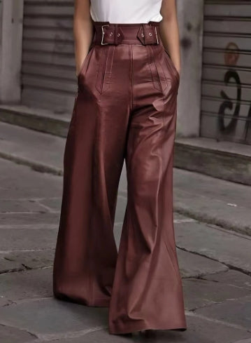 Women's High Waist Belted Faux Leather Wide Leg Trousers