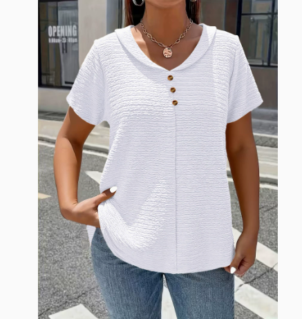 Textured Henley Top - Short Sleeve Button V Neck