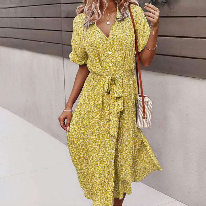 Floral Midi Shirt Dress - Button Front Short Sleeve