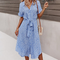 Floral Midi Shirt Dress - Button Front Short Sleeve