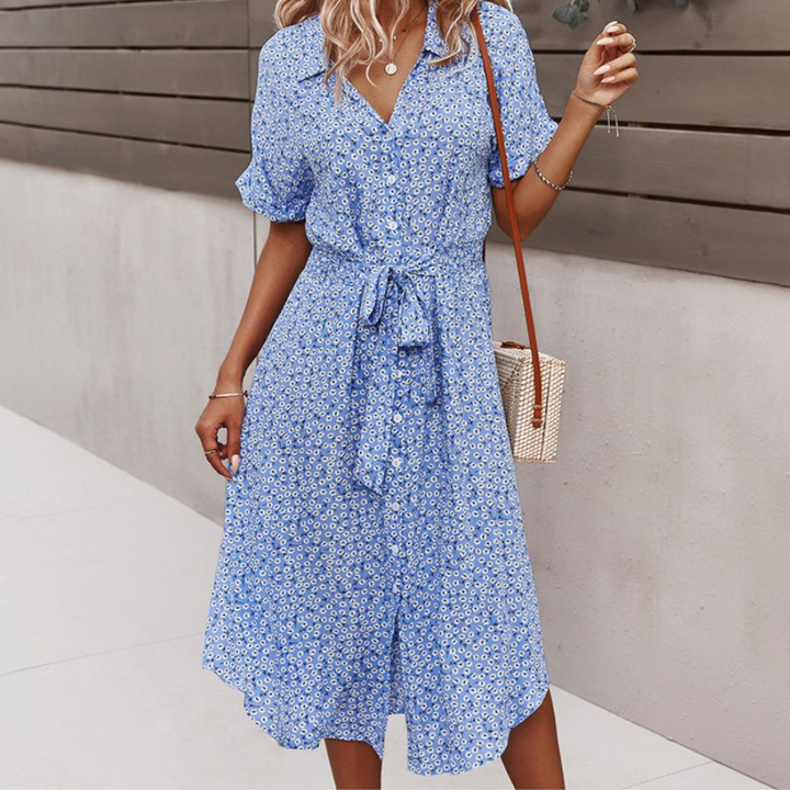 Floral Midi Shirt Dress - Button Front Short Sleeve