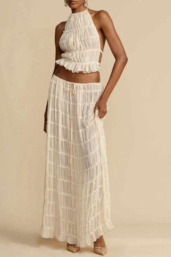 Ruffle Maxi Skirt Set - Halter Crop Top Two Piece