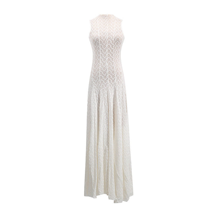 Women's Lace Dress – Geometric Chevron Maxi A-Line Mock Neck Sleeveless