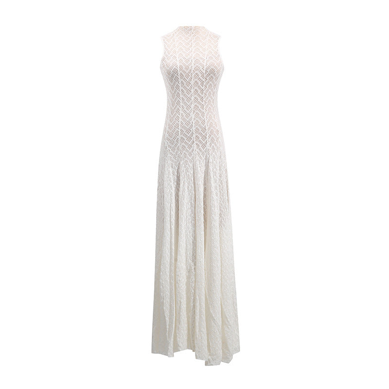 Women's Lace Dress – Geometric Chevron Maxi A-Line Mock Neck Sleeveless