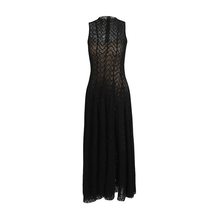 Women's Lace Dress – Geometric Chevron Maxi A-Line Mock Neck Sleeveless