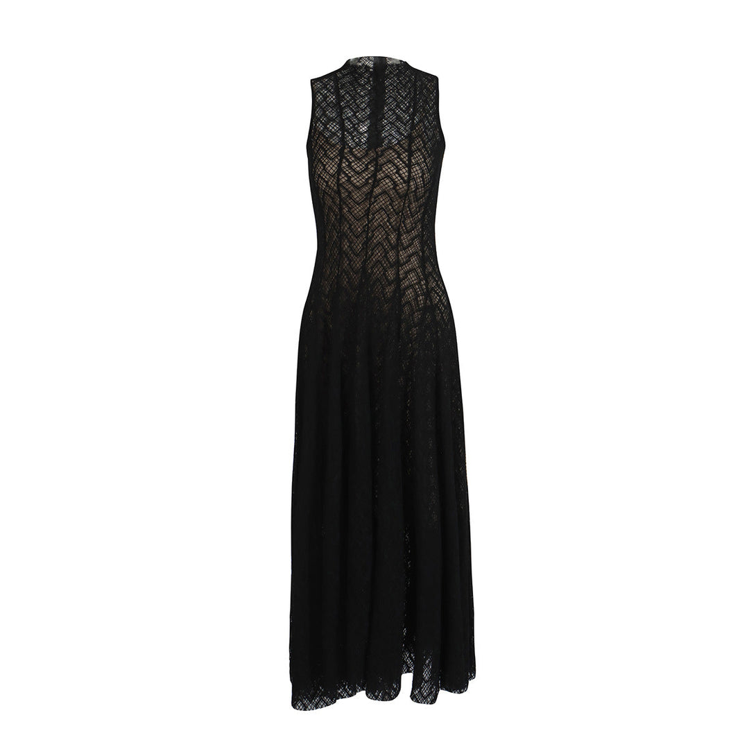 Women's Lace Dress – Geometric Chevron Maxi A-Line Mock Neck Sleeveless