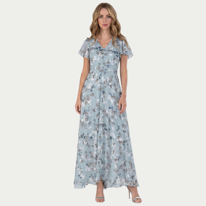 Women's Floral Print Maxi Dress V-Neck Flutter Sleeve Chiffon