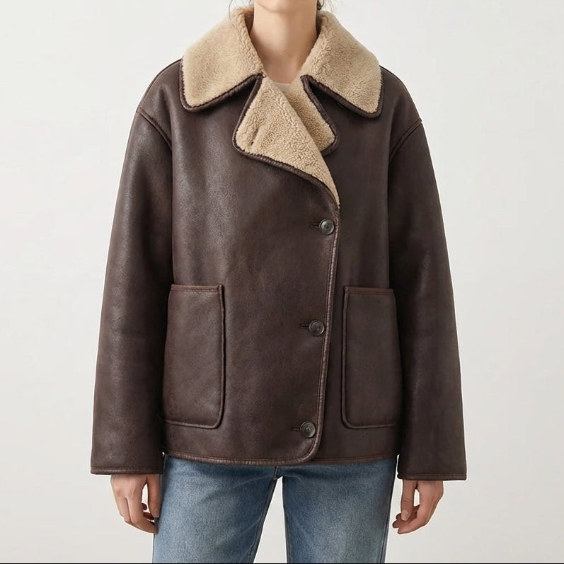 Oversized Shearling Trim Faux Suede Jacket