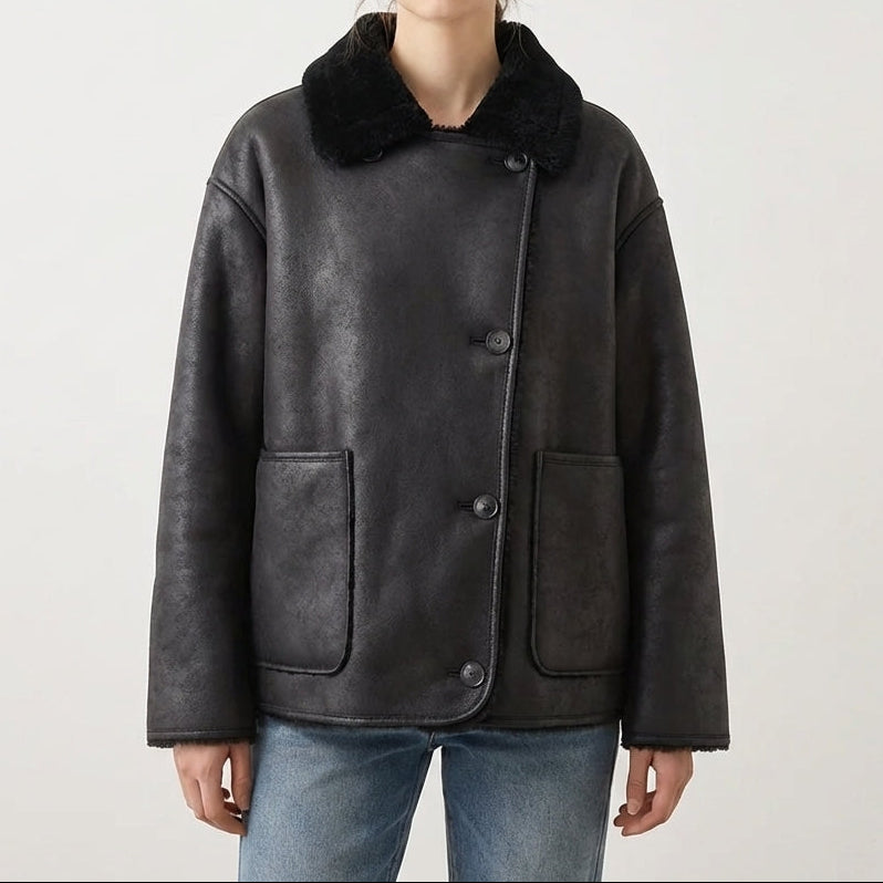 Oversized Shearling Trim Faux Suede Jacket