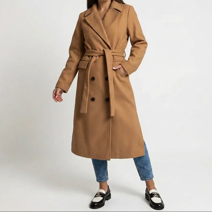 Double-Breasted Belted Wool Blend Overcoat