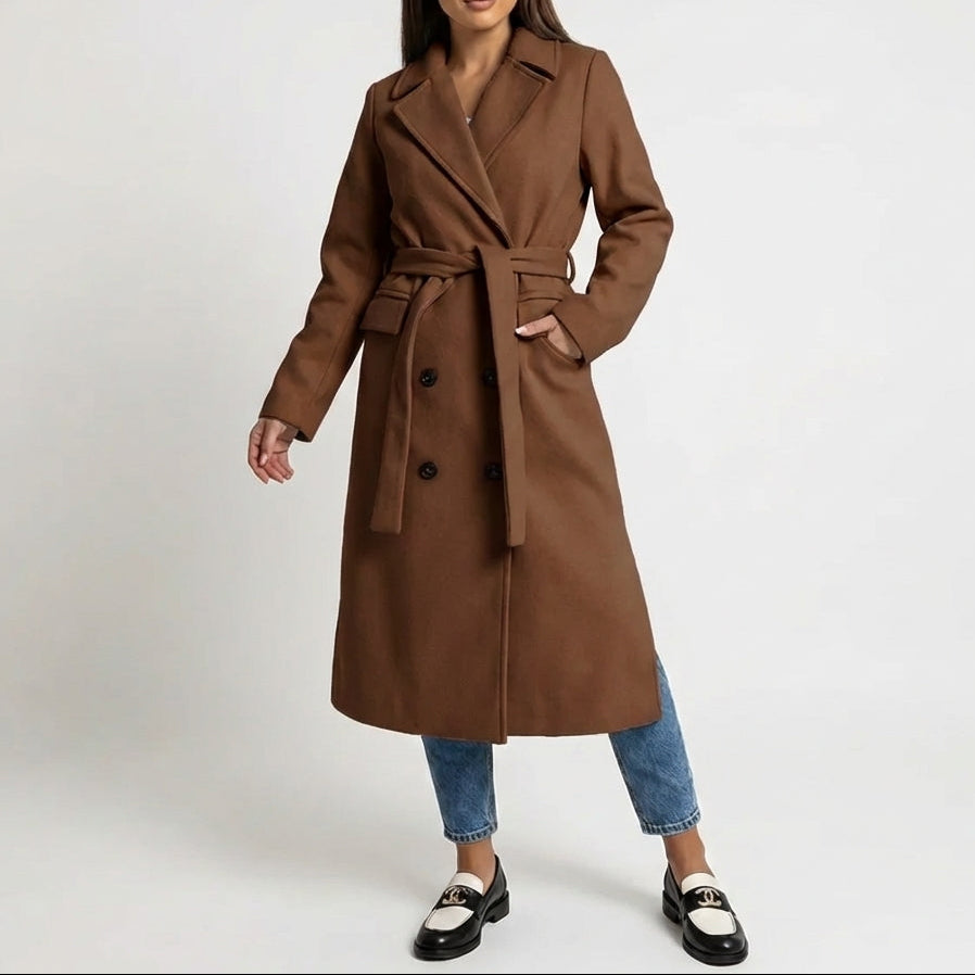Double-Breasted Belted Wool Blend Overcoat