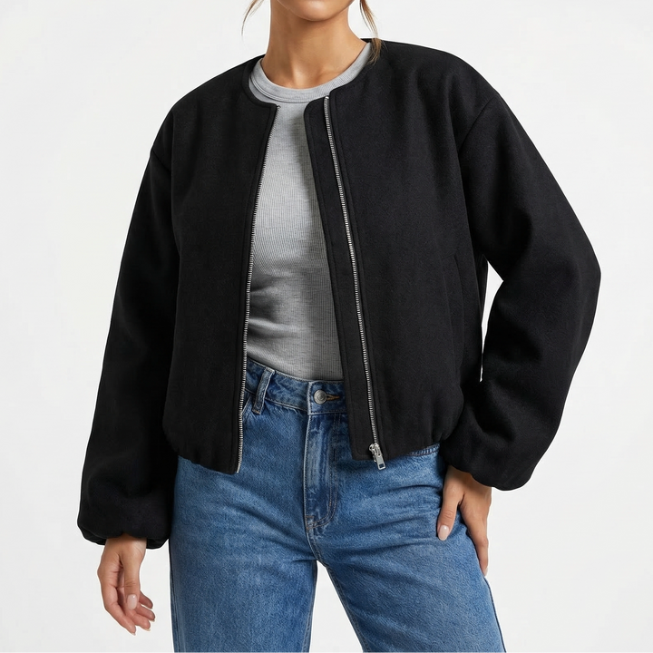 Women's Collarless Cropped Zip-Up Casual Bomber Jacket