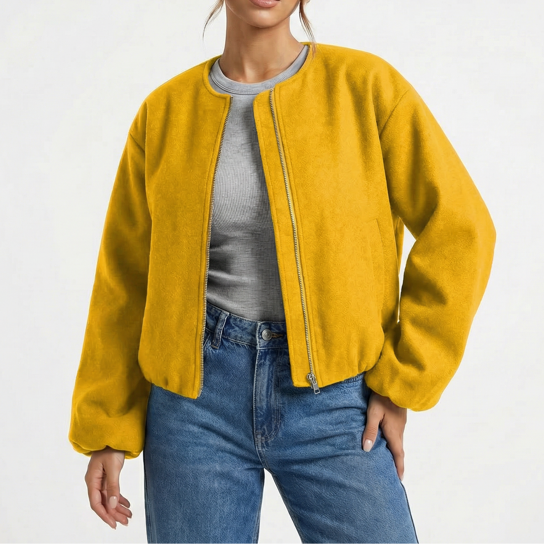 Women's Collarless Cropped Zip-Up Casual Bomber Jacket
