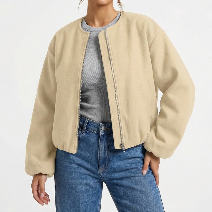 Women's Collarless Cropped Zip-Up Casual Bomber Jacket