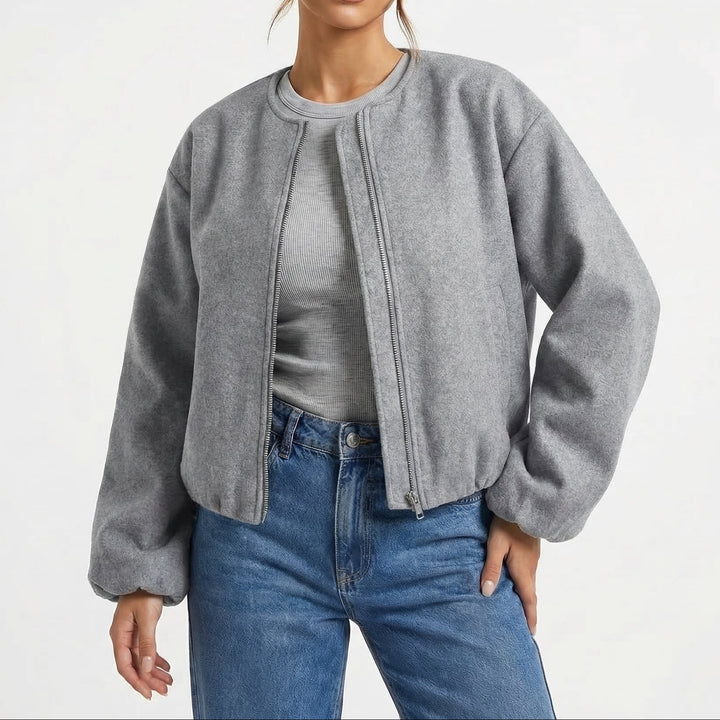Women's Collarless Cropped Zip-Up Casual Bomber Jacket