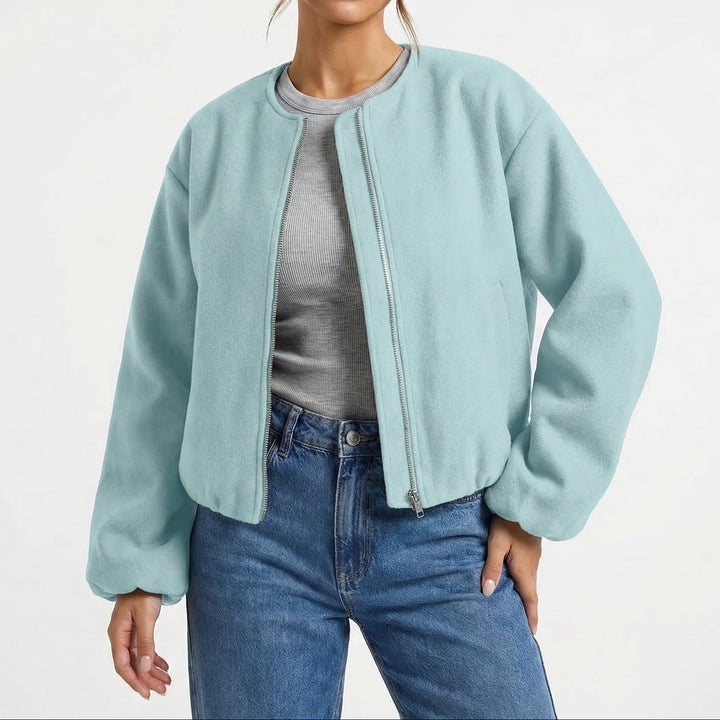 Women's Collarless Cropped Zip-Up Casual Bomber Jacket