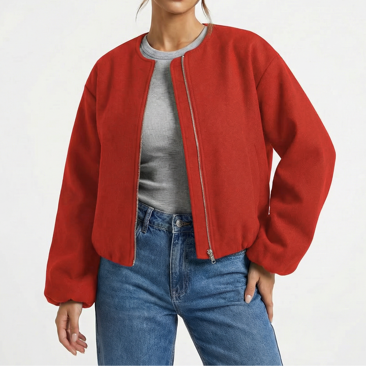 Women's Collarless Cropped Zip-Up Casual Bomber Jacket