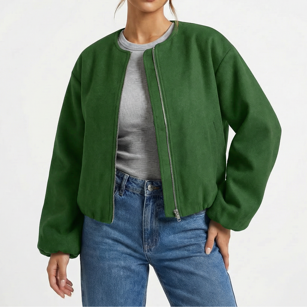 Women's Collarless Cropped Zip-Up Casual Bomber Jacket