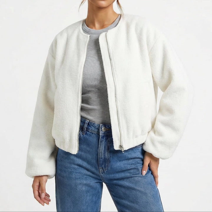 Women's Collarless Cropped Zip-Up Casual Bomber Jacket