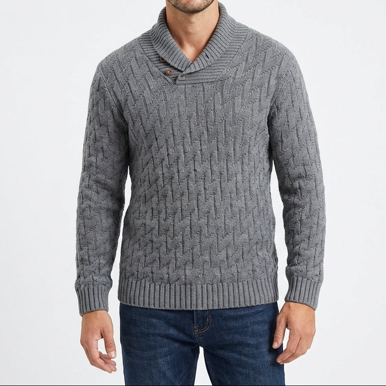 Men's Shawl Collar Cable Knit Button Neck Textured Jumper