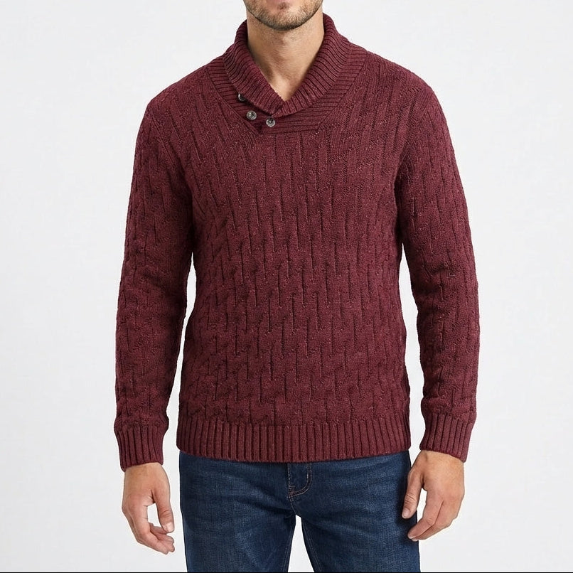 Men's Shawl Collar Cable Knit Button Neck Textured Jumper