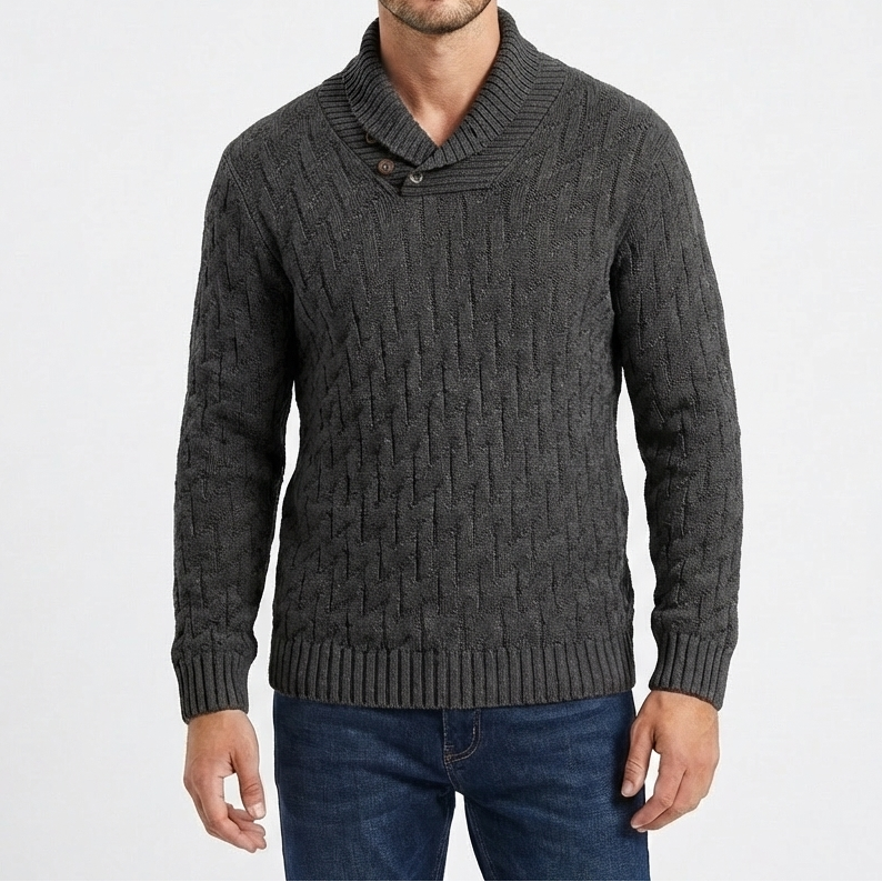 Men's Shawl Collar Cable Knit Button Neck Textured Jumper