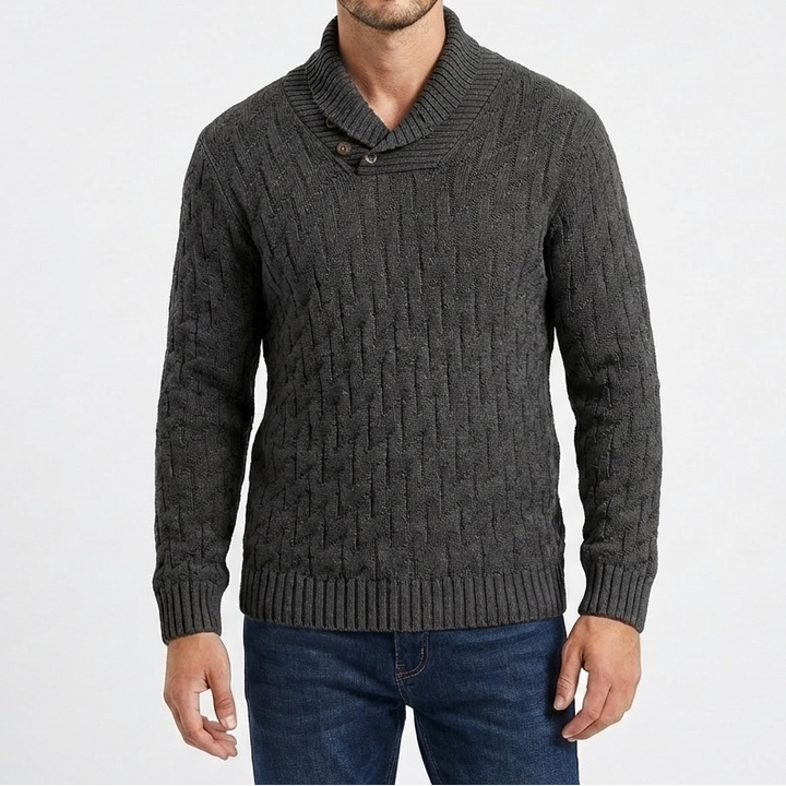 Men's Shawl Collar Cable Knit Button Neck Textured Jumper
