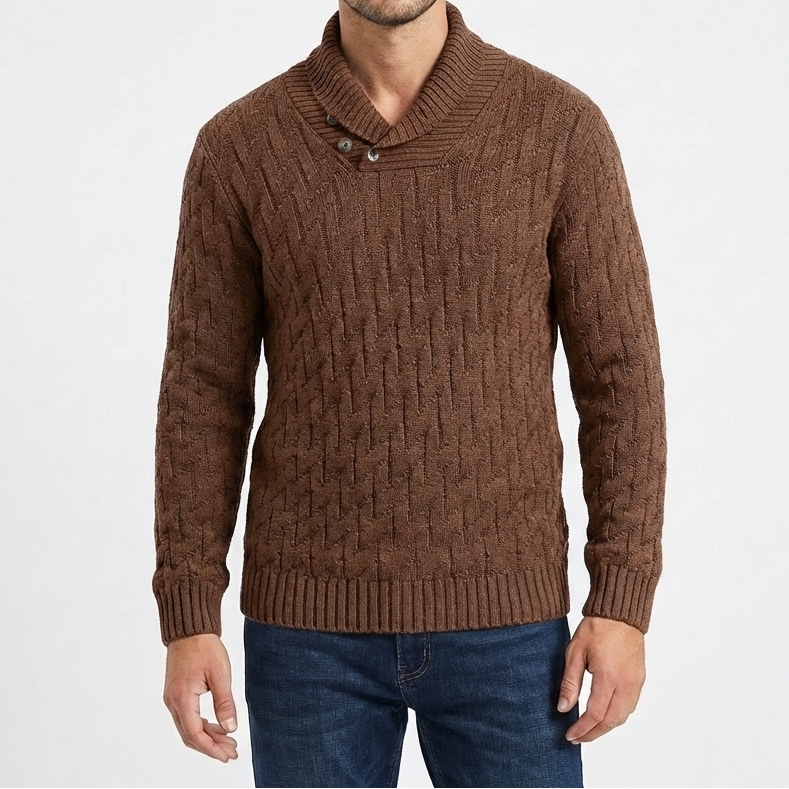 Men's Shawl Collar Cable Knit Button Neck Textured Jumper