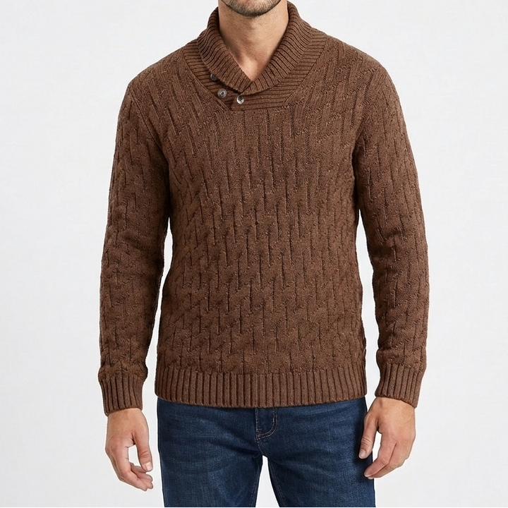 Men's Shawl Collar Cable Knit Button Neck Textured Jumper