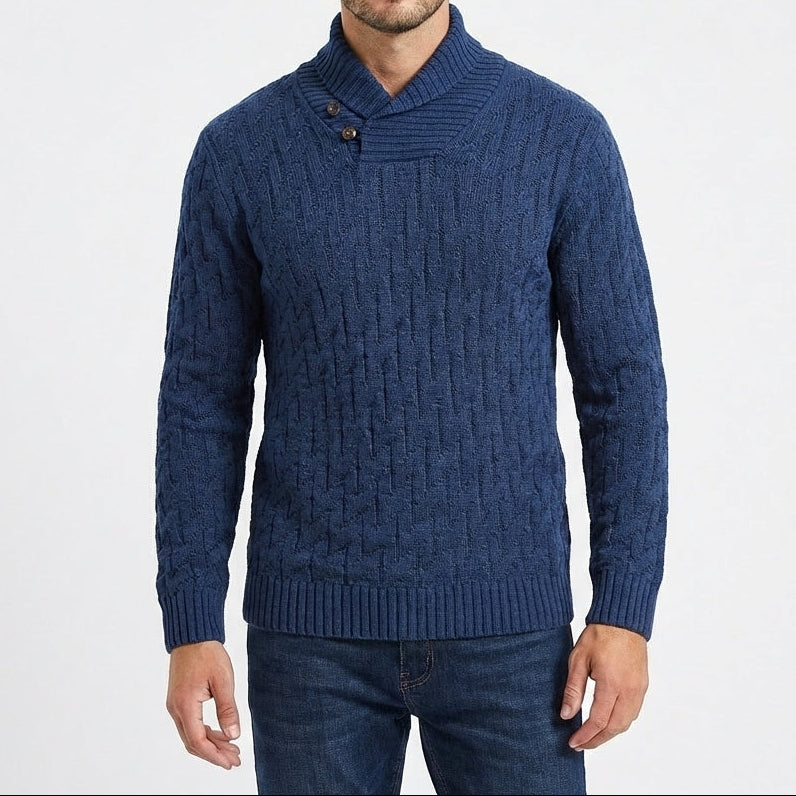 Men's Shawl Collar Cable Knit Button Neck Textured Jumper
