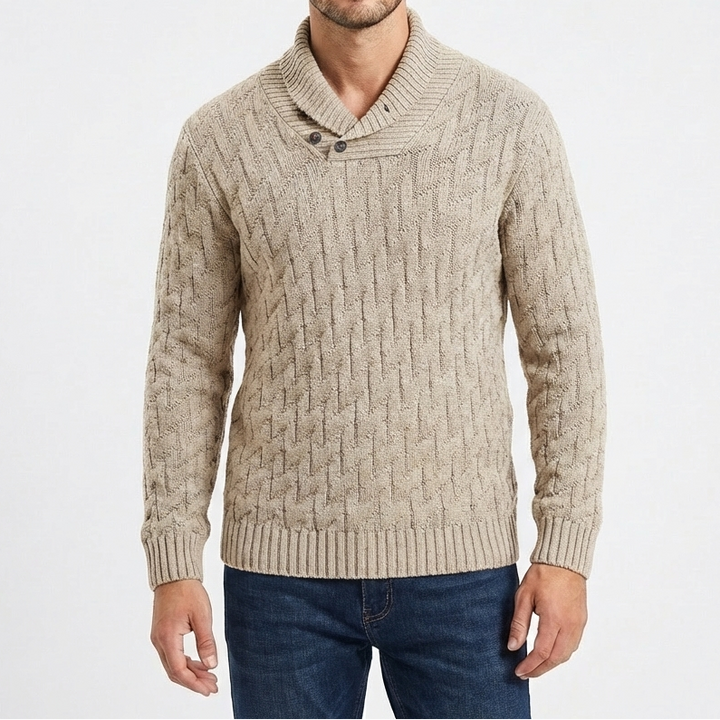 Men's Shawl Collar Cable Knit Button Neck Textured Jumper