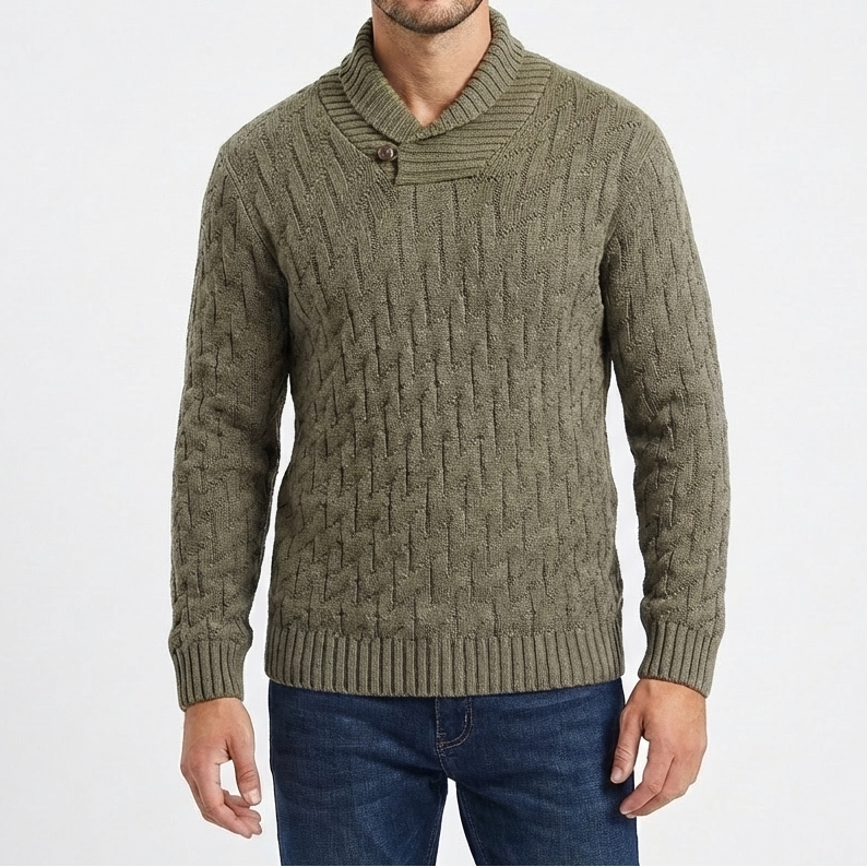 Men's Shawl Collar Cable Knit Button Neck Textured Jumper