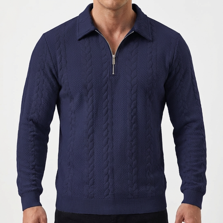 Men's Quarter-Zip Cable Knit Textured Long Sleeve Polo Jumper