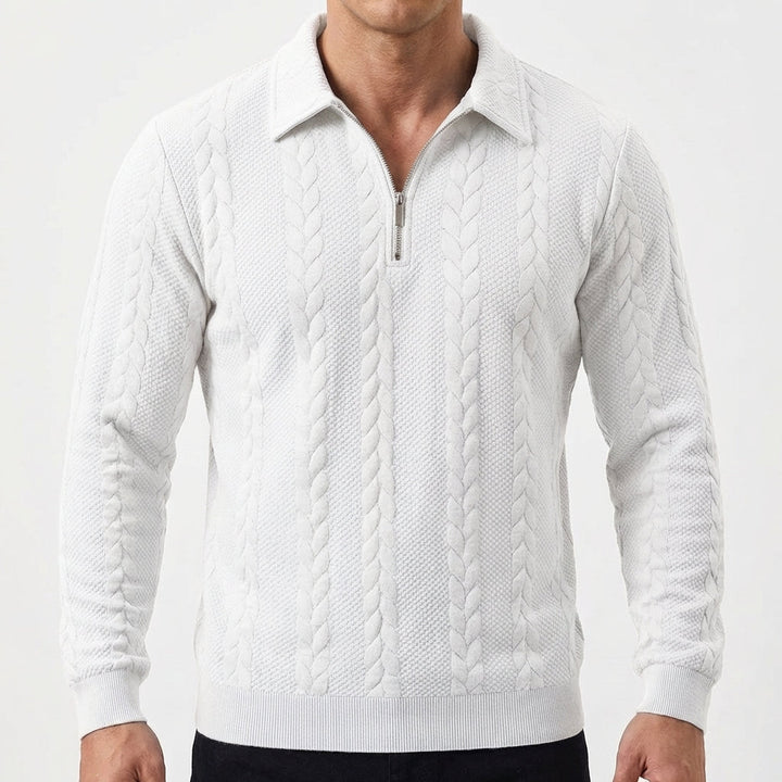 Men's Quarter-Zip Cable Knit Textured Long Sleeve Polo Jumper