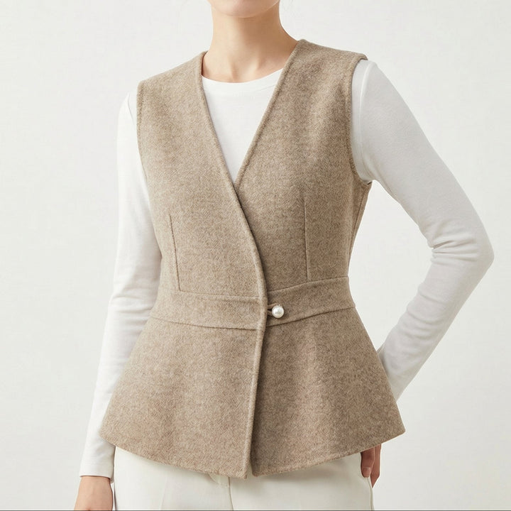 Women’s Wool-Blend Peplum Vest Elegant Sleeveless Waistcoat with Pearl Button