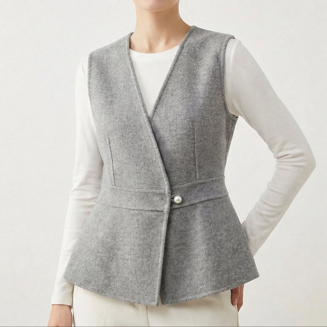 Women’s Wool-Blend Peplum Vest Elegant Sleeveless Waistcoat with Pearl Button