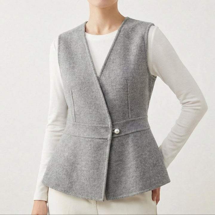 Women’s Wool-Blend Peplum Vest Elegant Sleeveless Waistcoat with Pearl Button