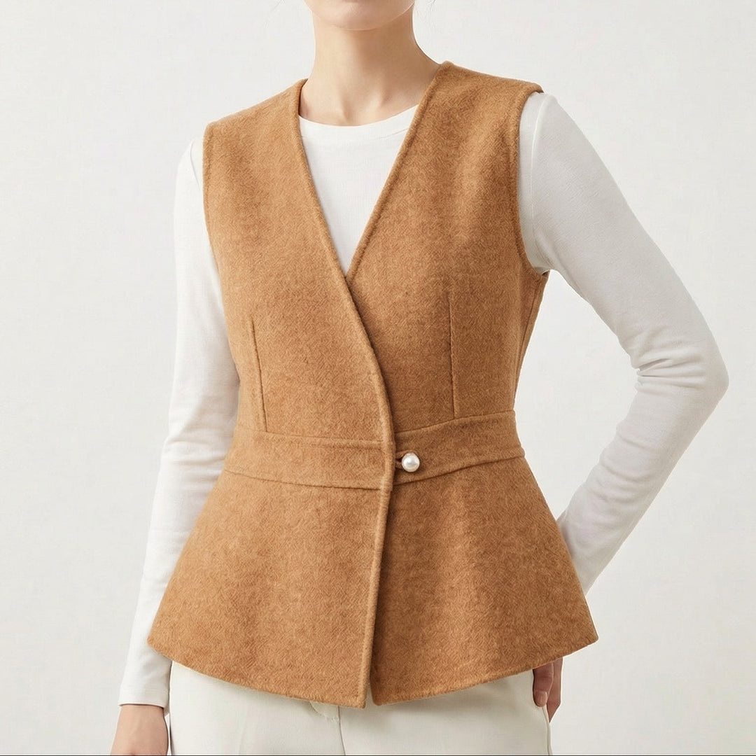 Women’s Wool-Blend Peplum Vest Elegant Sleeveless Waistcoat with Pearl Button