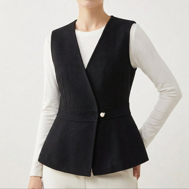 Women’s Wool-Blend Peplum Vest Elegant Sleeveless Waistcoat with Pearl Button