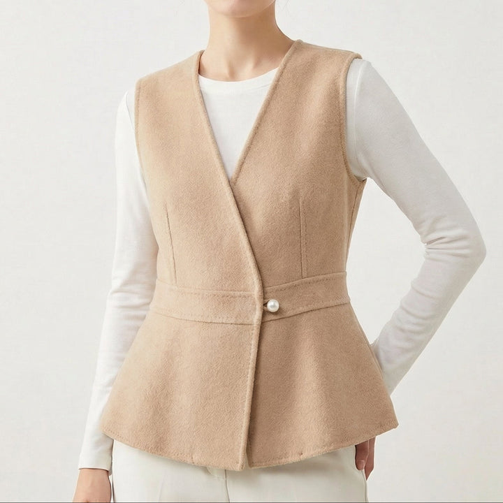 Women’s Wool-Blend Peplum Vest Elegant Sleeveless Waistcoat with Pearl Button