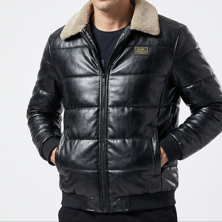 Sherpa Collar Padded Faux Leather Jacket