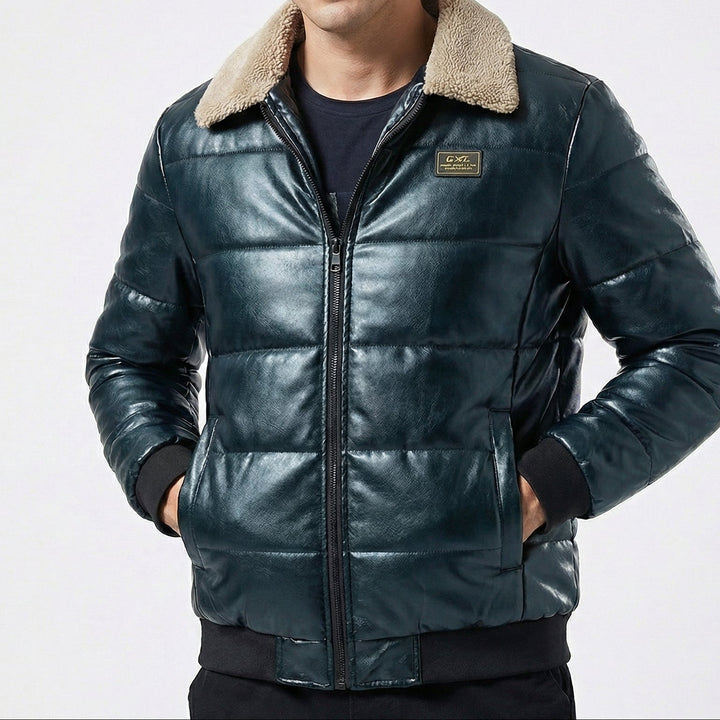 Sherpa Collar Padded Faux Leather Jacket