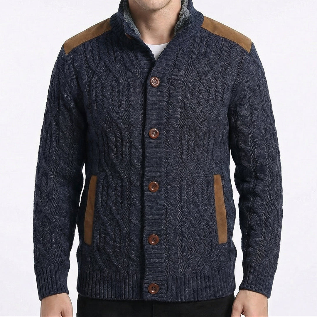 Fleece Lined Button-Up Cardigan with Suede Detail