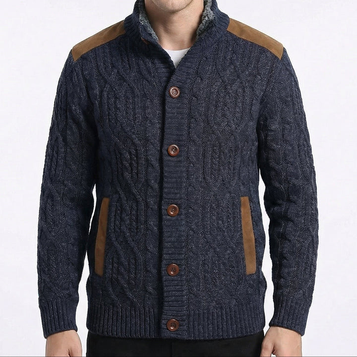 Fleece Lined Button-Up Cardigan with Suede Detail