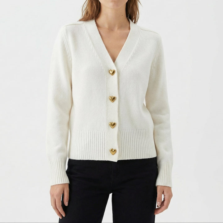 Women's Cardigan – V-Neck Knit Cardigan with Gold Heart Buttons