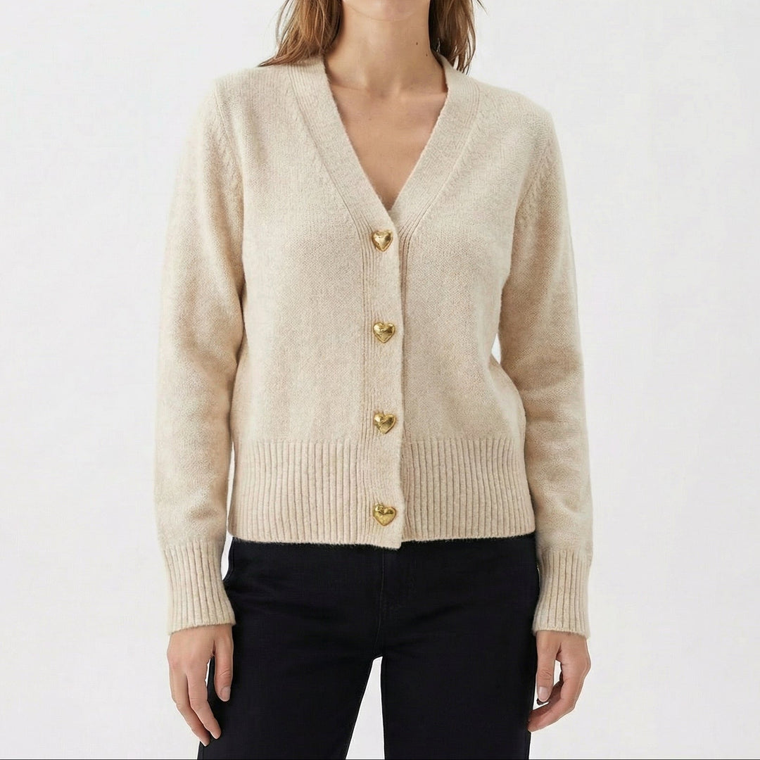Women's Cardigan – V-Neck Knit Cardigan with Gold Heart Buttons